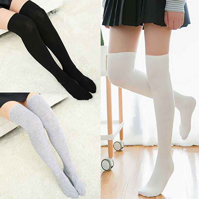 1 Set 3 Pairs Womens Long Socks Solid Color Thigh High Socks Cotton over th