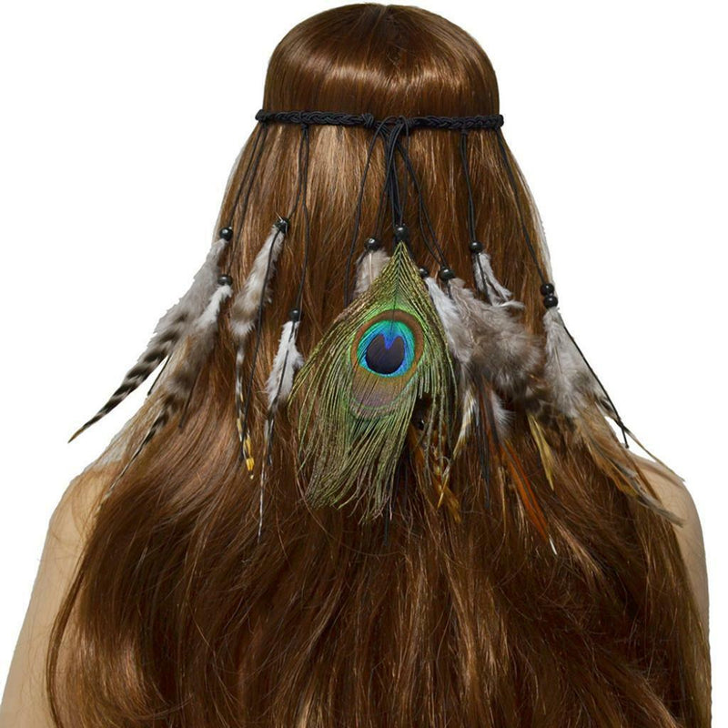 Turban Headband Peacock Hair Rope Feather Headpiece Boho Costume Fancy Dress