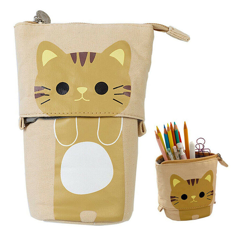 Cute Cat Pencil Case Flexible Pen Bag Zipper Box Makeup Brush Pouch Brown