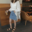Korean Women Blouse Loose Stitching Hollow Lace V Neck Shirt Crochet Casual JC,a