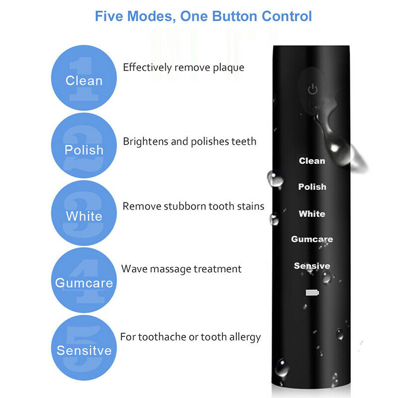 5 Mode Sonic Rechargeable Electric Toothbrush 4x Brush Heads Waterproof Ipx X3W6