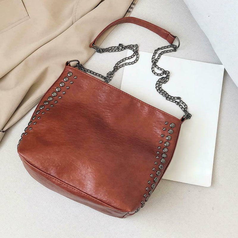 Leather Messenger Bag Women Rivet Chain Shoulder Crossbody Bag (Dark Brown) A