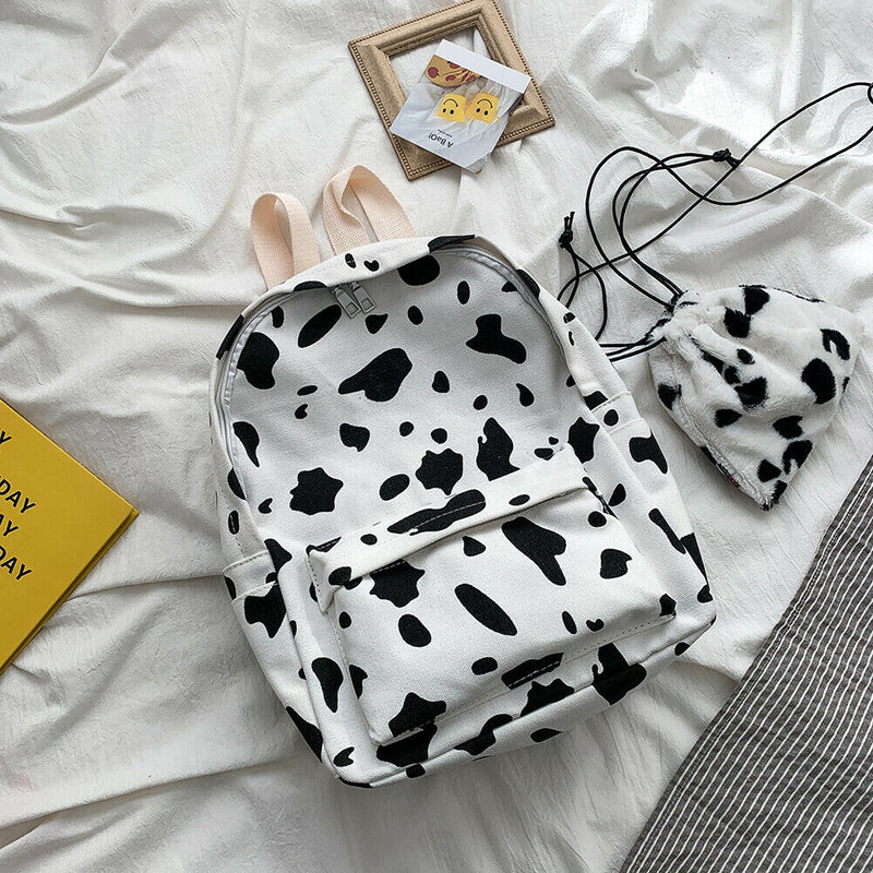 Cow Print Plush Drawstring Pouch Nylon Women Shoulder Pack Composite Set