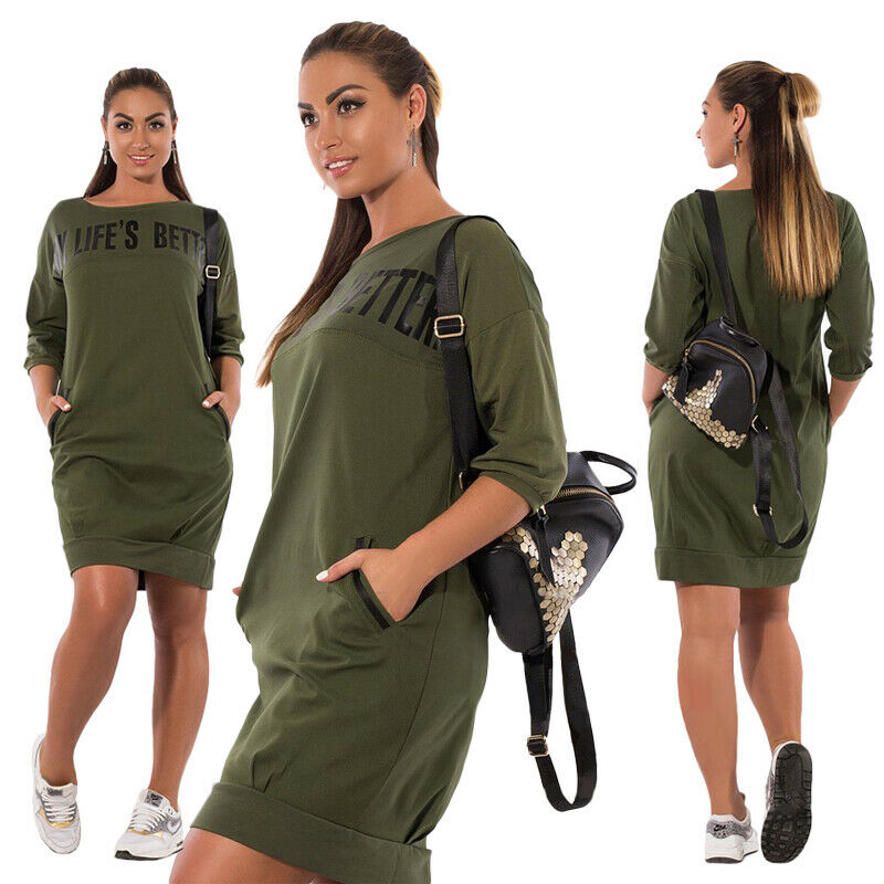 Autumn Winter Women's Large Size Dresses Casual Elegant Style Pockets Lette I6B7