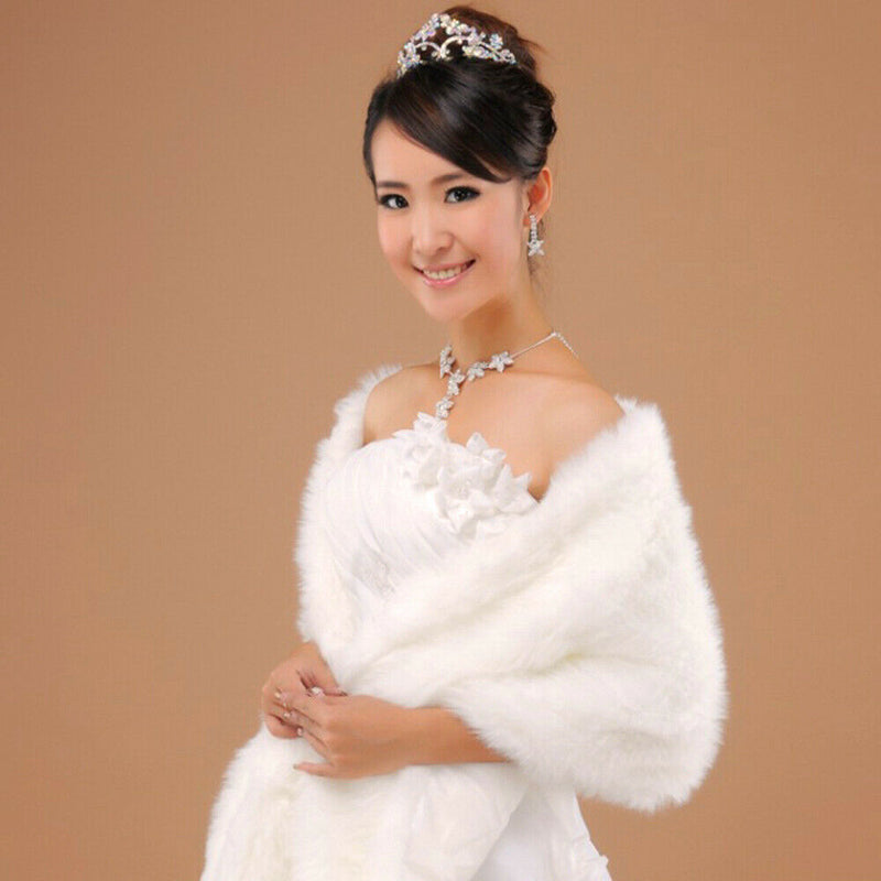 Elegant Long Hair Faux Fur Wedding Shawl Stoles Wraps Cape for Women Beige A