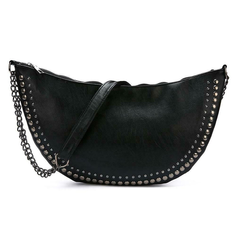 Women PU Leather Semicircle Shoulder Crossbody Sling Bag Rivet Messenger Handbag