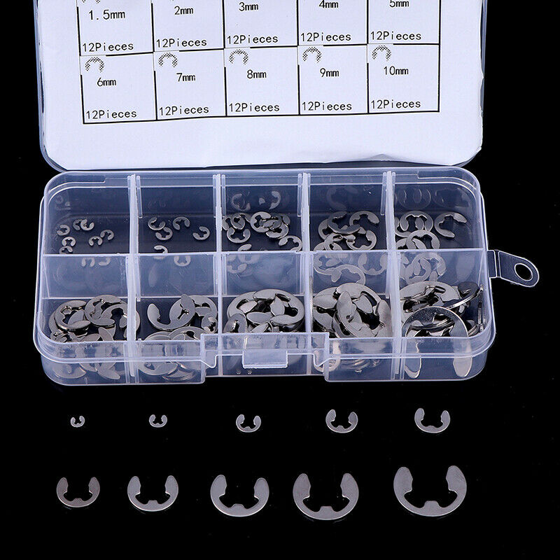 120Pcs/Box 304 Stainless Steel E-Clip Retaining Circlip Assortment Kit M1.5~ Gw