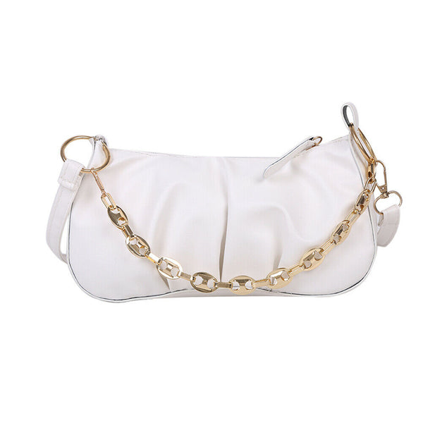 Solid Pleated Women Shoulder Bag PU Clear Chain Crossbody Handbag (White)