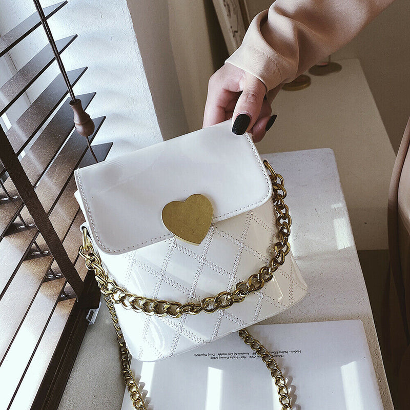 Women Bucket Shoulder Bag Leather Love Buckle Chain Crossbody Bags (White) A