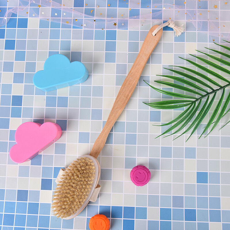 Bath body brush boar bristles exfoliating body massager with long wooden hanJ 3C
