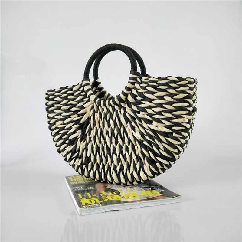 New Women round bucket semicircle straw bag handmade net color woven basket U1D9