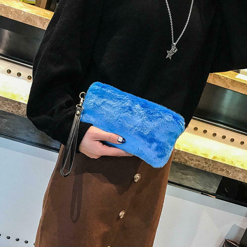 Women Evening Clutch Bag Plush Zip Handbag Female Solid Color Purse (Blue) A