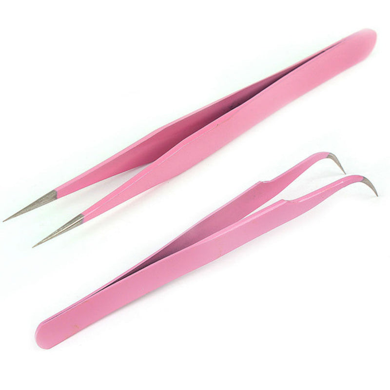 Steel Pink Btraight + Bend Tweezer for Eyelash Extensions Nail Art Nippers3C Kw