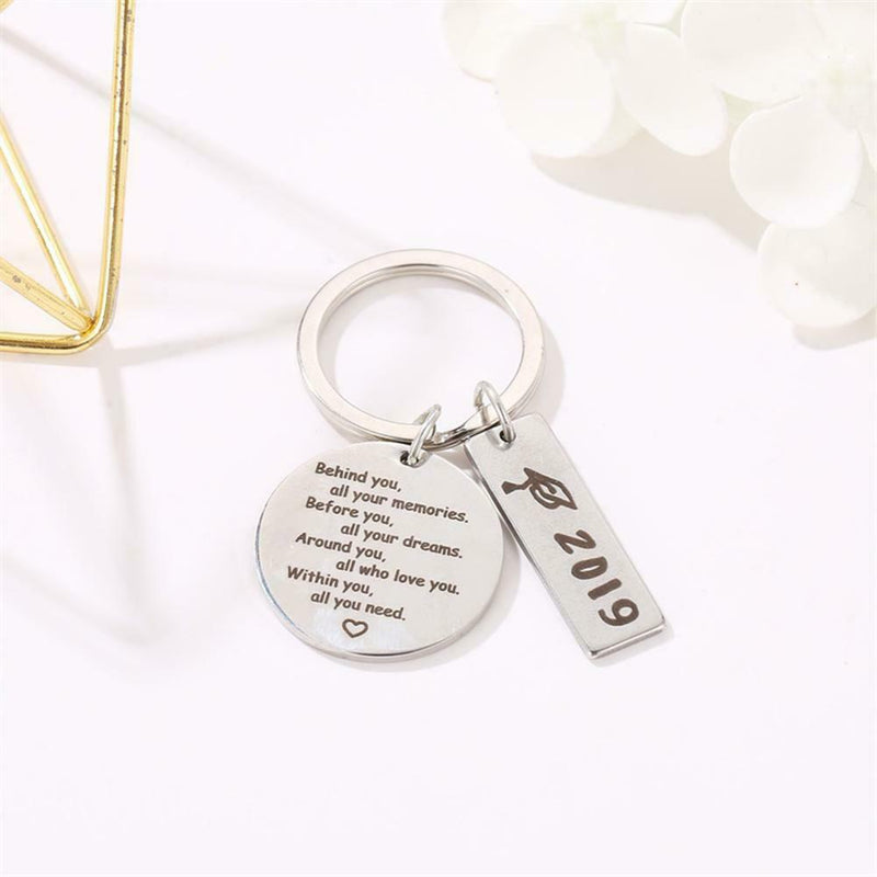 Letter Print Circle Square Pendant Keychain Women Graduation Key Ring Gift