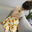 Summer Flower Girl Dress Sunflower Print Sleeveless Backless Floral Dress C H3H9