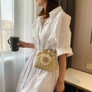 Women Straw Bucket Shoulder Bags Flower Drawstring Crossbody Pouch (Khaki)