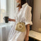 Women Straw Bucket Shoulder Bags Flower Drawstring Crossbody Pouch (Khaki)