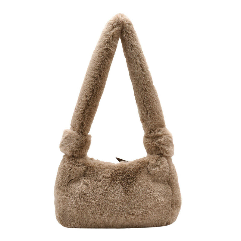 Women Fluffy Shoulder Bag Solid Plush Handbags Female Winter Totes (Brown)