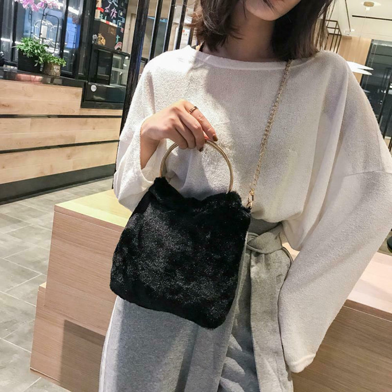 Fashion Soft Plush Handbag Women Shoulder Messenger Bag Travel Tote (Black)