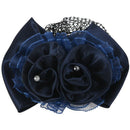 Women Dark blue double flower butterfly knot cover Hair clip with hairnet n N1E5
