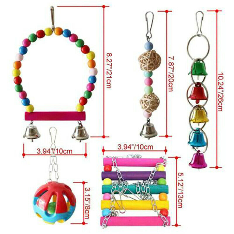 5pcs Bulk Bird Parrot Toys Hanging Bell Pet Cage Hammock Swing Wooden L BOO