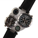 Men OULM Military Army Dual Time Zones Big Dial Leather Sports Watch Black