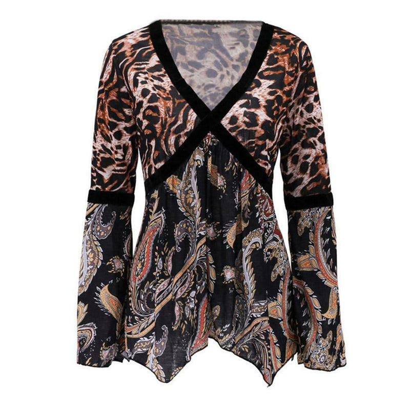 Sexy V-Neck Leopard Print Long Sleeve Women Daily Tops Blouse (Black M) A