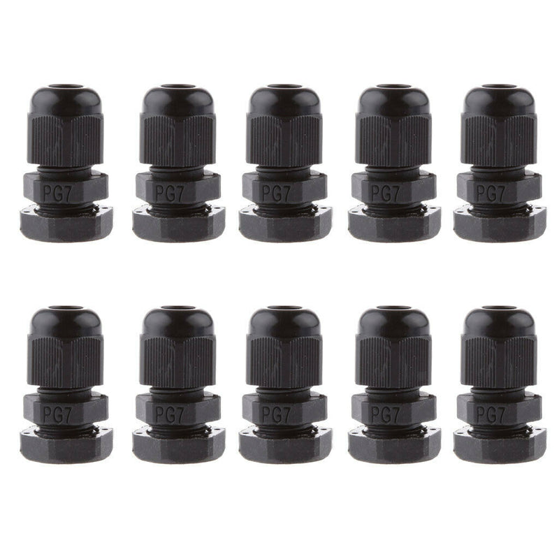 10X 3-6.5mm Black PG7 Cable Gland Connector IP68 Waterproof Plastic