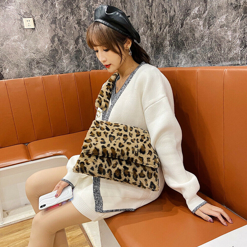 Women Big Capacity Tote Retro Plush Shoulder Messenger Bag (Brown Leopard) A