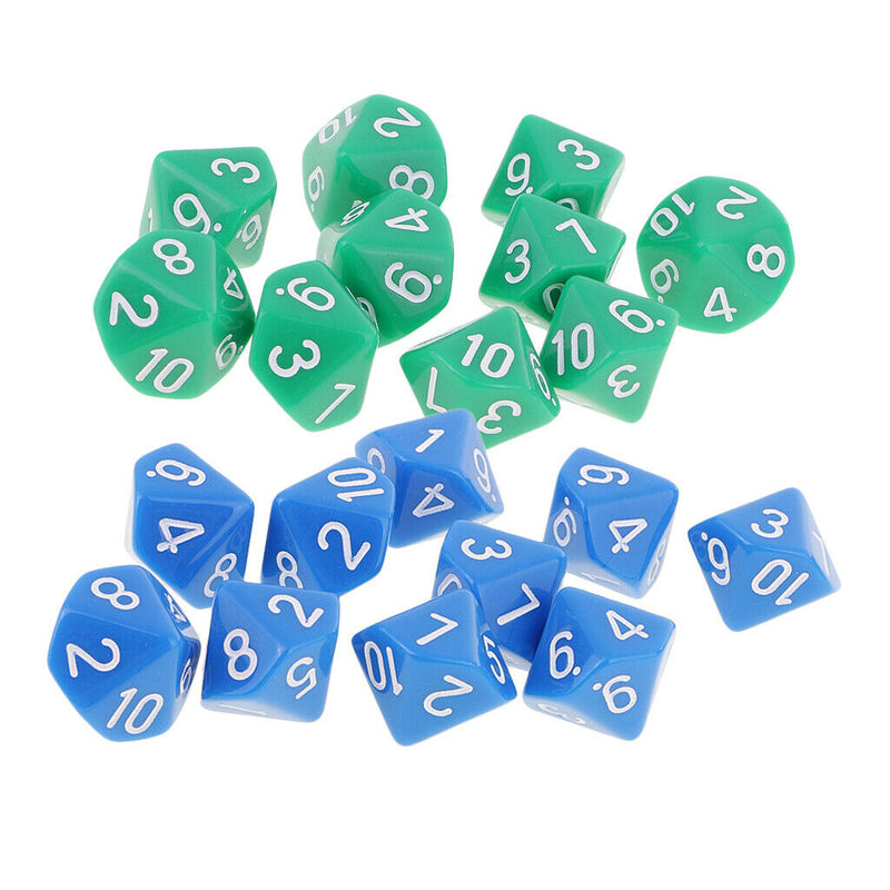 20 Pieces Acrylic Blue Green Multi-sided Dices D10 Die for Party Casino Pub