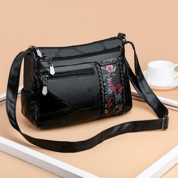 Women Floral Printed Shoulder Bags Multi Pocket Leather Crossbody Handbags