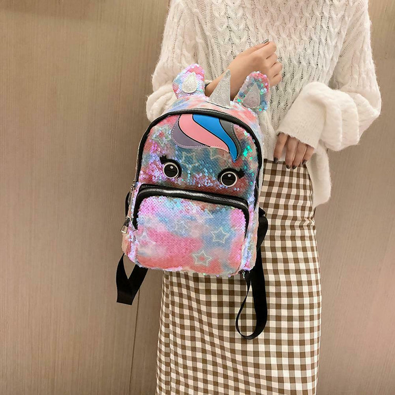 Sequin Backpack Lovely Horn Shoulder School Bag Women Travel Knapsack (2) A