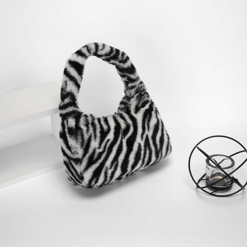 Women Winter Fur Handbag Plush Soft Shoulder Underarm Bag (White Zebra)