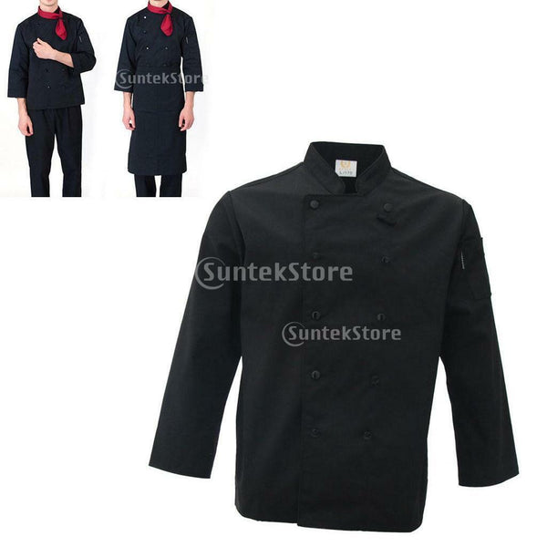 Black Chef Waiter Double-breasted Coat Uniform Long Sleeve Jacket Clothes L