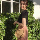 Women Beach Bag Round Straw Crochet Shoulder Summer Bag Purse, Light Brown H6R7