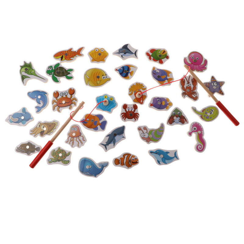 Set Of 34pcs Wooden Fishing Game Fishing Board Rods Children Role Play Game