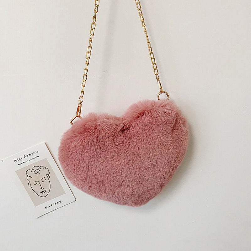 Heart Shape Messenger Bag Women Girl Plush Chain Shoulder Handbag (Bean)
