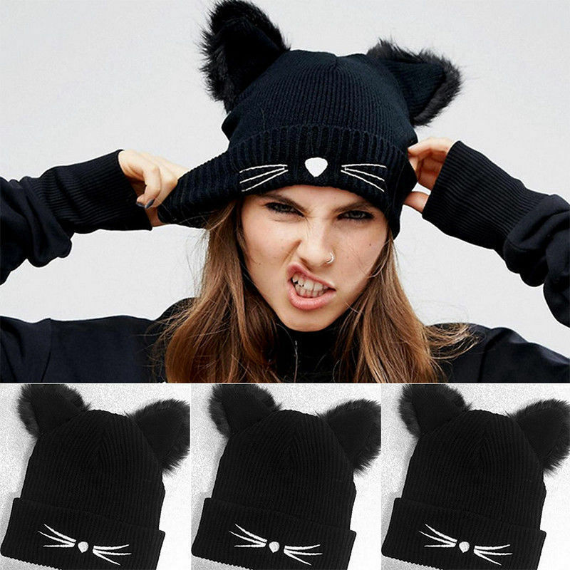 New Cat Ear Beanies Warm Winter Knitted Cute Cat Beard Crochet Braided Hat