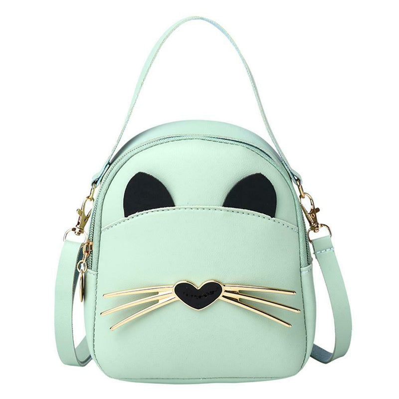 Women PU Leather Crossbody Messenger Bag Cute Cat Shoulder Backpack (Green)