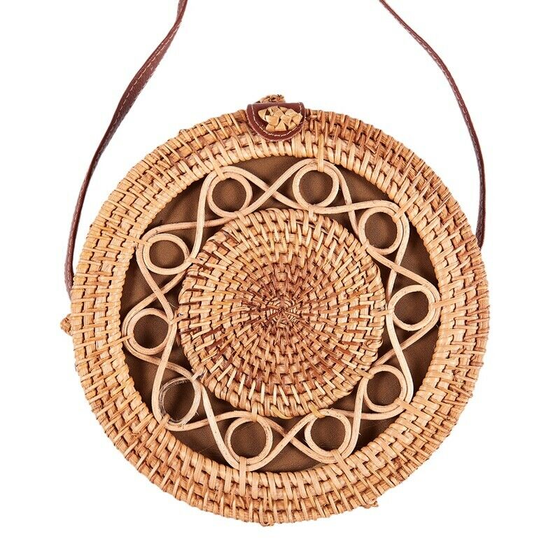 Woven Rattan Bag Round Straw Shoulder Bag Small Beach Handbags Women Summer E4D1