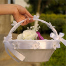 White Satin Lace Wedding Ceremony Flower Girl Basket Bowknot Rhinestone Decor