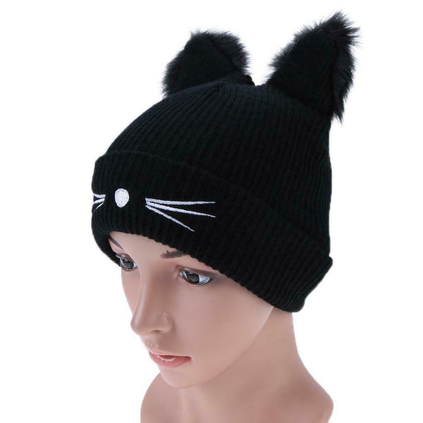 Women Winter Woolen Knitting Hat Cute Cat Ears Braided Knitted Fur Cap #gib