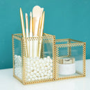 Clear Glass Makeup Brush Holder Organizer Storage Case Box 2 Slot Golden Frame