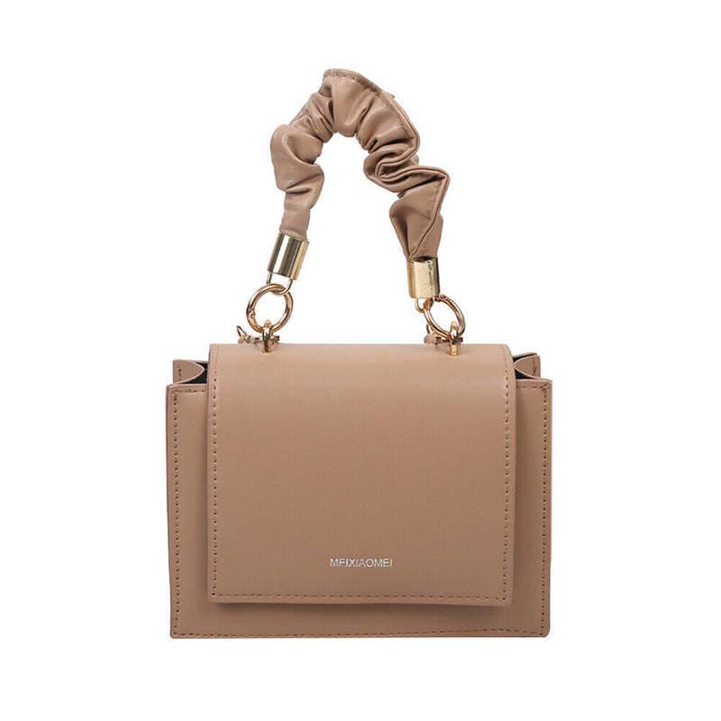 Handle Pleated Messenger Bag Women PU Solid Color Shoulder Handbags (Khaki)