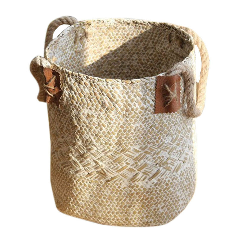 Folding Seagrass Basket - Planter Holder With Handle Laundry Basket White L