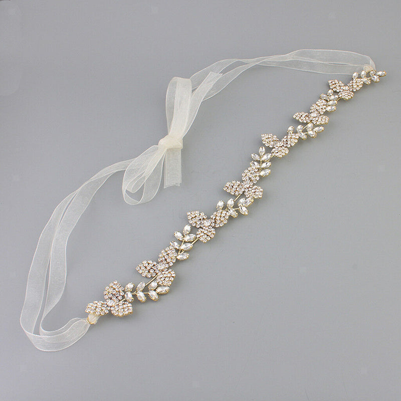Gorgeous Ladies Girls Leaf Crystal Hair Band with Ribbon Headwear