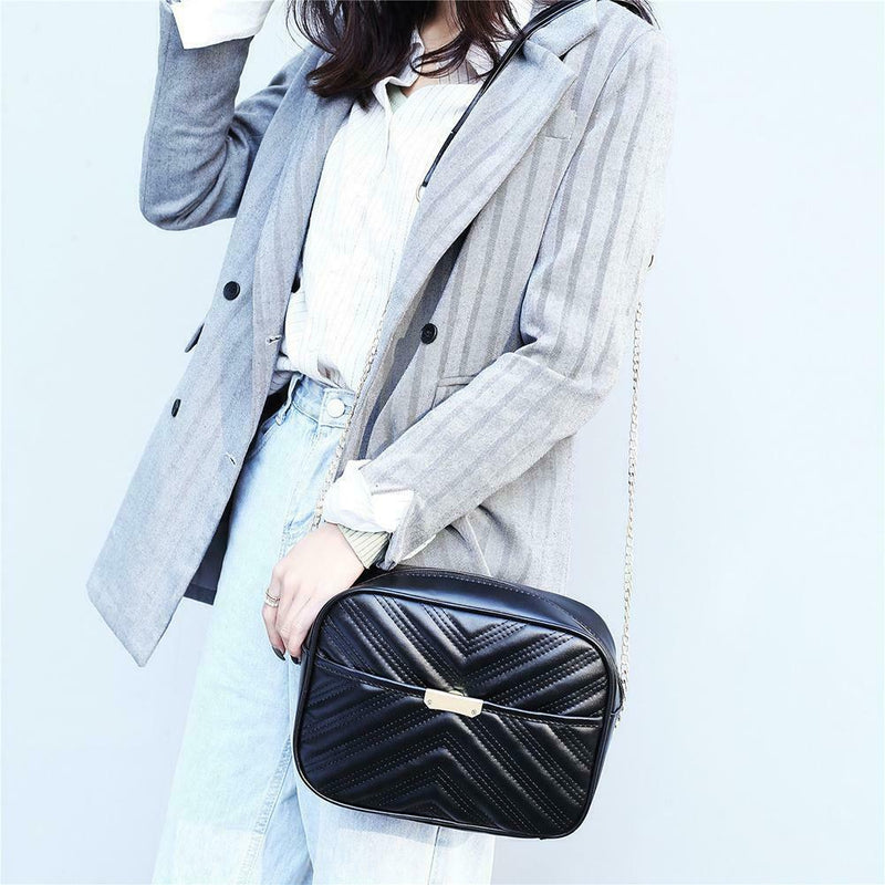 Women Simple Leather Crossbody Bag Chain Shoulder Messenger Handbag (Black) A