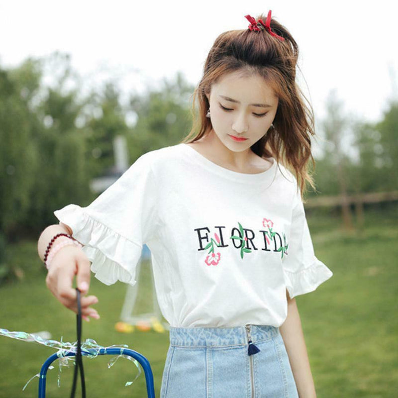 Embroidery Letter Print T-shirts Women O-neck Flare Sleeve Tees Tops (M)