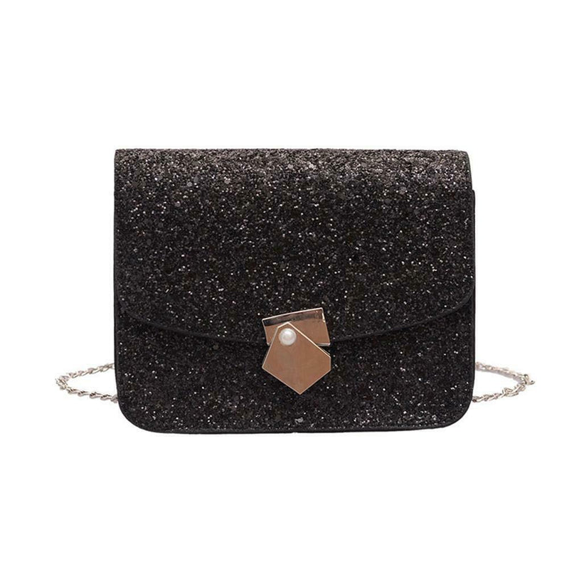 Solid Color Women PU Leather Shoulder Bag Flap Chain Messenger Bag (Black) A