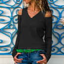 Women Fashion V Neck Cold Shoulder Long Sleeve Knitted Ribbed Sweater T Shi